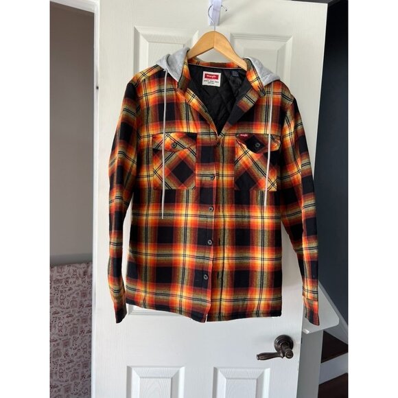 Wrangler Hooded Flannel Jacket Small Plaid Quilted Lined Shacket Orange Black - Picture 5 of 7